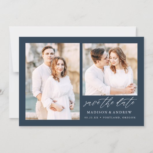 Navy Elegant Script 2 Photo Save the Date Magnetische Uitnodiging (Voorkant)