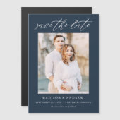 Navy Elegant Script Photo Save the Date Magnetische Uitnodiging (Voorkant / Achterkant)