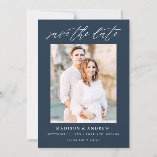 Navy Elegant Script Photo Save the Date Magnetische Uitnodiging (Voorkant)