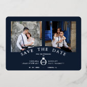 Navy Elegant Silver 2 Photos Sophisticated Wedding Folie Uitnodiging (Voorkant)