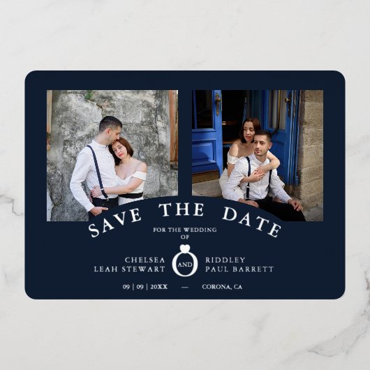 Navy Elegant Silver 2 Photos Sophisticated Wedding Folie Uitnodiging (Voorkant)