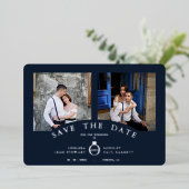 Navy Elegant Silver 2 Photos Sophisticated Wedding Folie Uitnodiging (Staand Voorkant)