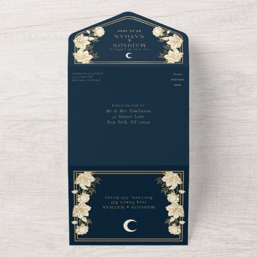Navy Elegante Arch Art Nouveau Bruiloft All In One Uitnodiging (Buitenkant)