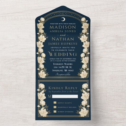 Navy Elegante Arch Art Nouveau Bruiloft All In One Uitnodiging (Binnen)