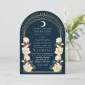 Navy Elegante Arch Art Nouveau Bruiloft Kaart (Staand voorkant)