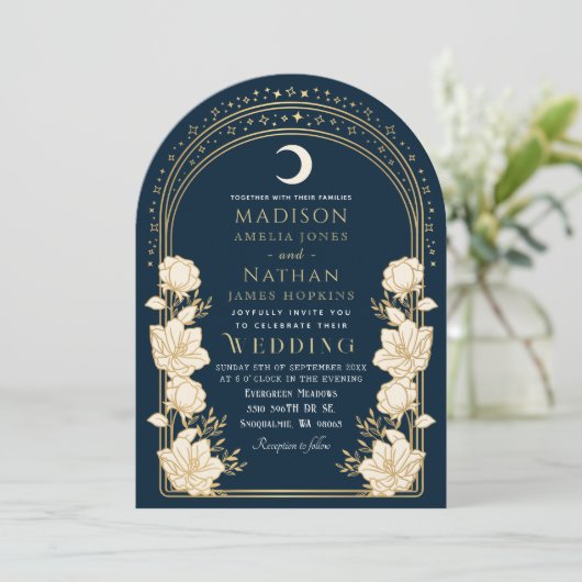 Navy Elegante Arch Art Nouveau Bruiloft Kaart (Staand voorkant)