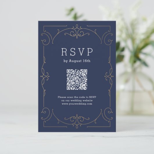 Navy elegante moderne klassieke  QR-code RSVP Kaartje (Staand voorkant)