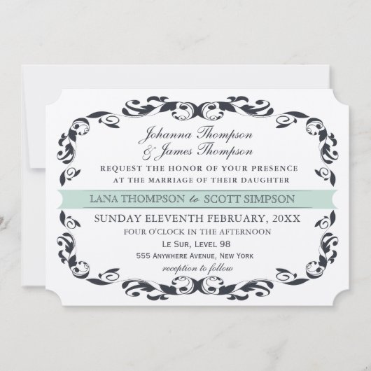 Navy Elegante Victoriaans bloei filigraan bruiloft Kaart (Voorkant)