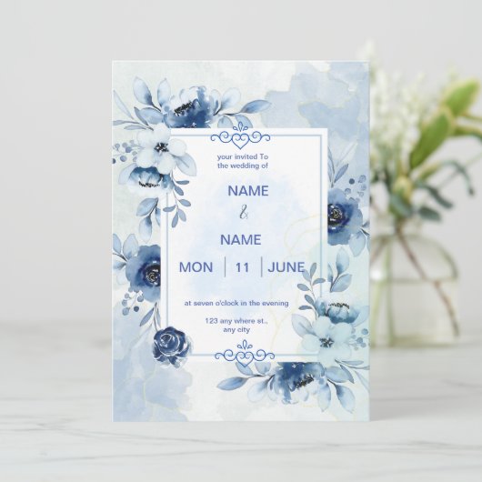 Navy elegante waterverf bloem bruiloft uitnodiging (Staand voorkant)