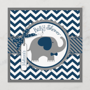 Navy Elephant and Chevron Print Baby shower Kaart