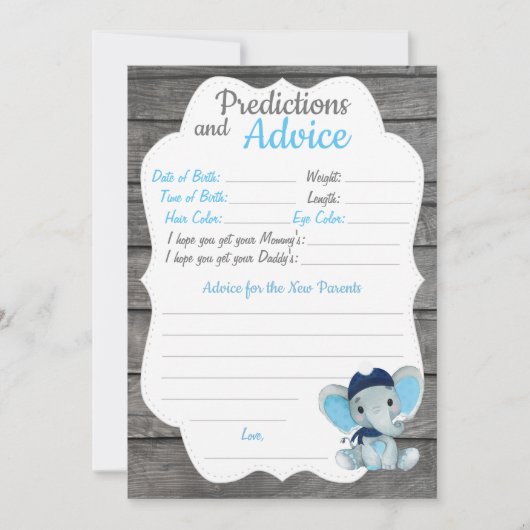 Navy Elephant Baby shower Predication Advice card Kaart (Voorkant)
