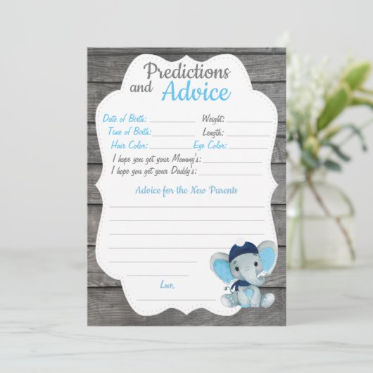 Navy Elephant Baby shower Predication Advice card Kaart (Staand voorkant)