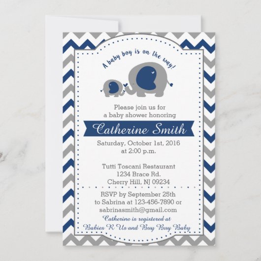 Navy Elephant Baby Shower Uitnodigingen (Voorkant)