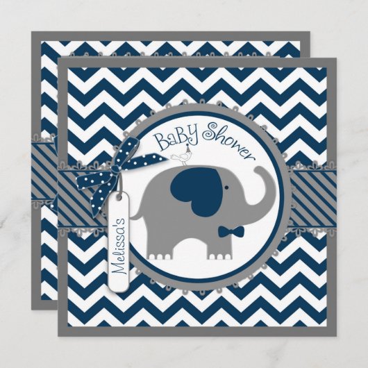 Navy Elephant en Chevron Print Baby shower Kaart (Voorkant / Achterkant)