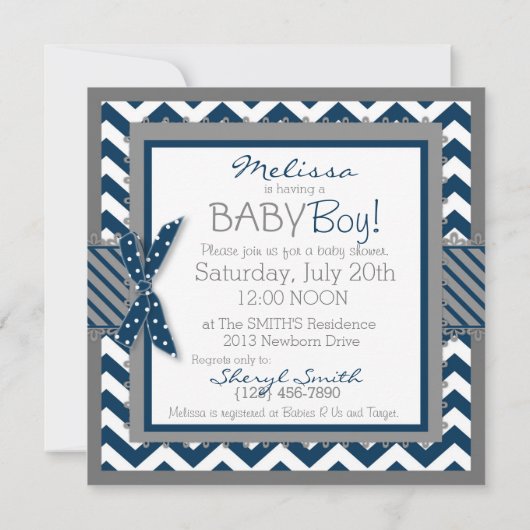 Navy Elephant en Chevron Print Baby shower Kaart (Achterkant)