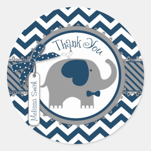 Navy Elephant en Chevron Print Dank u Ronde Sticker (Voorkant)