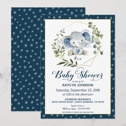 Navy Elephant Modern Baby shower Kaart (Voorkant / Achterkant)