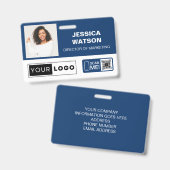 Navy Employee Name Badge met Logo en QR-code (Voor- en achterkant)