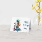 Navy en blauwgroen MTB fietser Verjaardag Kaart (Gele Bloem)