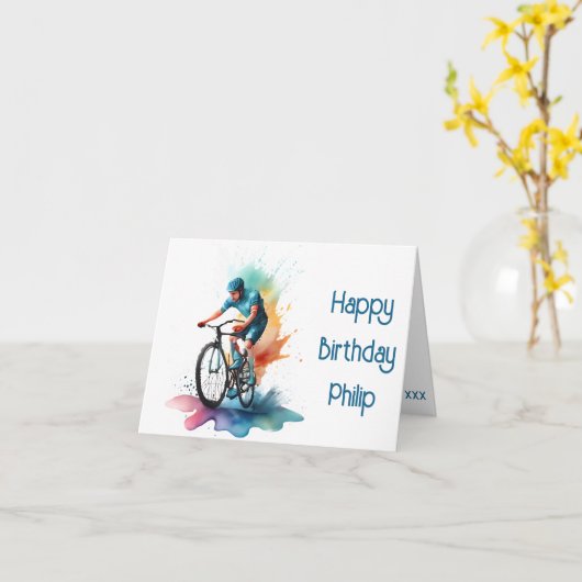 Navy en blauwgroen MTB fietser Verjaardag Kaart (Gele Bloem)