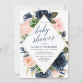Navy en blozen bloemenmeisje baby shower kaart (Voorkant)