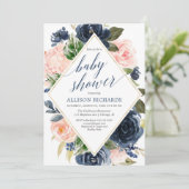 Navy en blozen bloemenmeisje baby shower kaart (Staand voorkant)