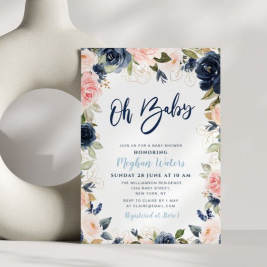 Navy en blozen floral baby shower kaart