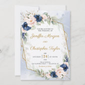 Navy en Blush Bloemen Eucalyptus Faux Goud Bruilof Kaart (Voorkant)