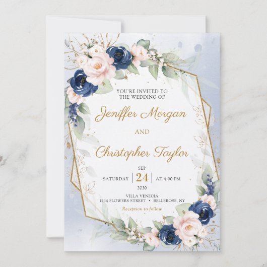 Navy en Blush Bloemen Eucalyptus Faux Goud Bruilof Kaart (Voorkant)
