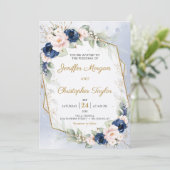 Navy en Blush Bloemen Eucalyptus Faux Goud Bruilof Kaart (Staand voorkant)