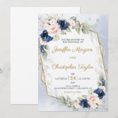 Navy en Blush Bloemen Eucalyptus Faux Goud Bruilof Kaart (Voorkant / Achterkant)
