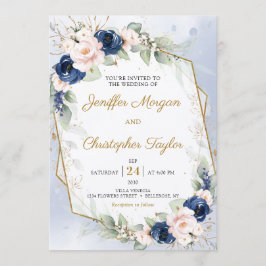 Navy en Blush Bloemen Eucalyptus Faux Goud Bruilof Kaart