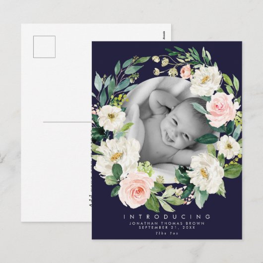 Navy en Blush Bloemen Nieuwe Baby Foto briefkaart (Voorkant / Achterkant)