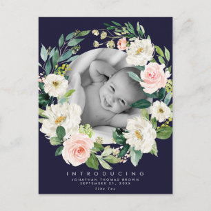 Navy en Blush Bloemen Nieuwe Baby Foto briefkaart