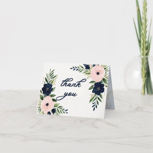 Navy en Blush Bloemen Trouwen Bedankt Card (Voorkant)