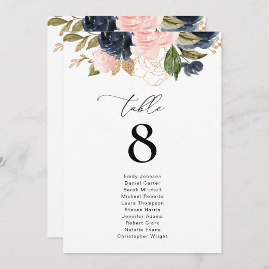 Navy en Blush Bloemen Trouwtafel Nummer (Voorkant / Achterkant)