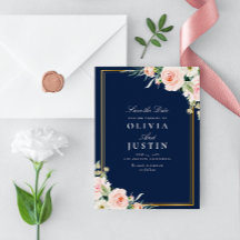 Navy en Blush bloemenbruiloft Bewaar de datumkaart