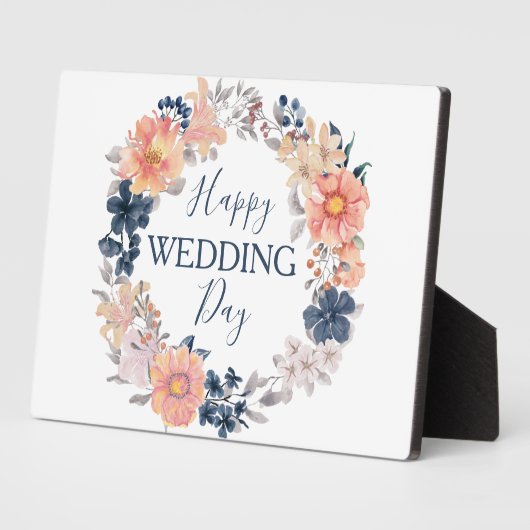 Navy en Blush Bloemenkrans Gelukkige Huwelijksdag Fotoplaat (Zijkant)