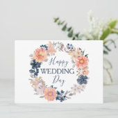 Navy en Blush Bloemenkrans Gelukkige Huwelijksdag Kaart (Staand voorkant)