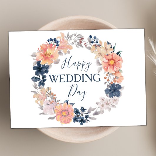 Navy en Blush Bloemenkrans Gelukkige Huwelijksdag Kaart