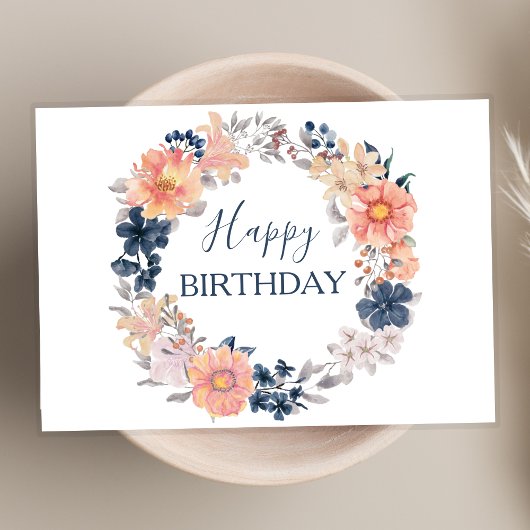 Navy en Blush Bloemenkrans Happy Birthday Script Kaart