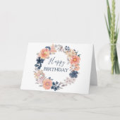 Navy en Blush Bloemenkrans Happy Birthday Script Kaart (Voorkant)