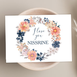 Navy en Blush Bloemenkrans Ik hou van je Groet Kaart
