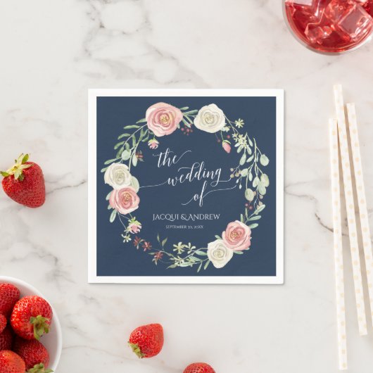 Navy en Blush Bruiloft Ivoor Witte roos Eucalyptus Servet (Insitu)