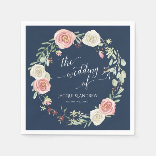 Navy en Blush Bruiloft Ivoor Witte roos Eucalyptus Servet (Voorkant)