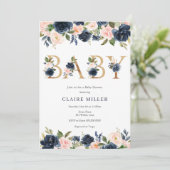Navy en Blush Floral Baby shower Kaart (Staand voorkant)
