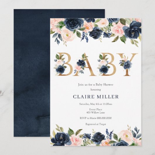 Navy en Blush Floral Baby shower Kaart (Voorkant / Achterkant)