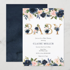 Navy en Blush Floral Baby shower Kaart