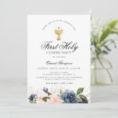 Navy en blush floral first communiqué kaart (Staand voorkant)