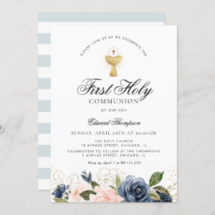 Navy en blush floral first communiqué kaart